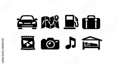 Travel icons: car, map, fuel, luggage, snacks, camera, music, accommodation