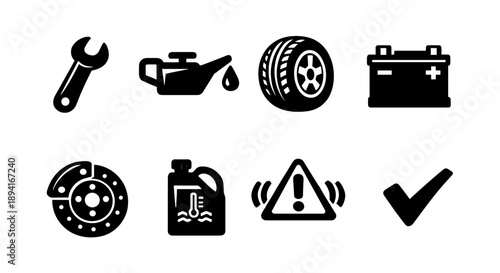 Car maintenance essentials icons: tools, oil, tire, battery, brake, check, warning