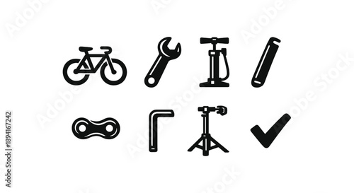 Bicycle repair tools: wrench, pump, chain, stand, checkmark icon set