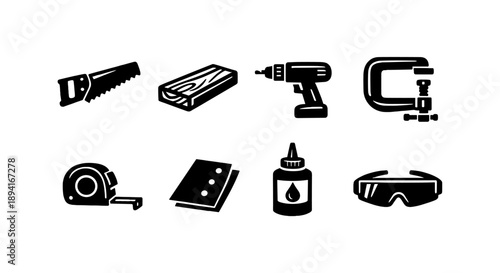 Essential carpentry tools: saw, wood, drill, clamp, tape, sandpaper, glue, goggles