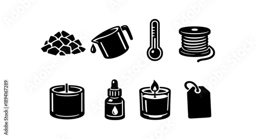 Candle making supplies icons: wax, pouring pot, thermometer, wick, candle, dropper, tag