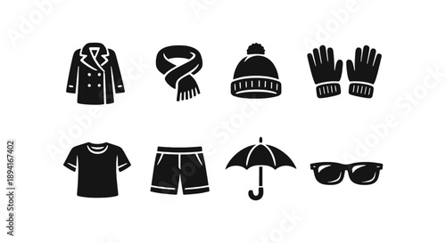Black icons of winter and summer clothing and accessories