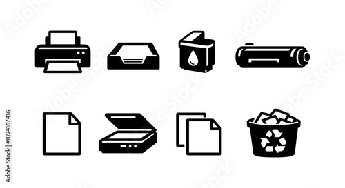 Printer and office equipment icons: printer, scanner, toner, and recycling bin