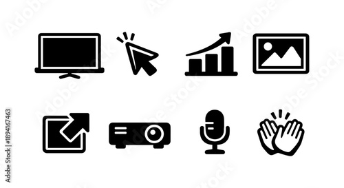 Control devices and multimedia symbols: computer, microphone, projector, graph icons
