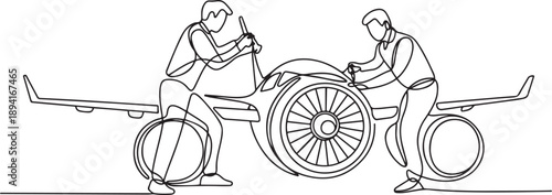 Continuous one line drawing 2 aircraft technicians dismantle the side of an aircraft engine. Carefully maintained. Aviation Maintenance Technician Day. one line Icon drawing
