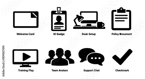 Office essentials icons: id badge, desk setup, policy document, support chat, checkmark