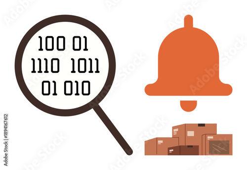 Data analysis, notifications, logistics, shipping, automation, warehousing. Magnifying glass with binary code, notification bell and packed boxes. Data analysis and notifications in logistics