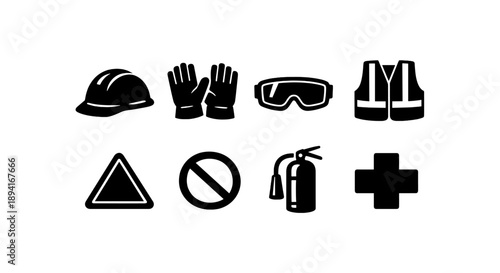 Personal protective equipment icons: safety vest, hard hat, gloves, goggles, and fire extinguisher