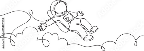 Single continuous line drawing young astronaut hang in clouds. Hoping for successful spaceship exploring or expedition project. one line Icon drawing