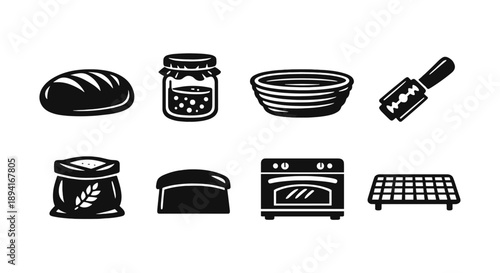 Bread-making essentials: tools and ingredients icons