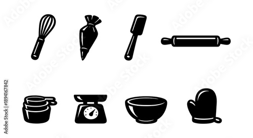 Baking tools icons set with whisk, rolling pin, spatula, scale, and mixing bowl
