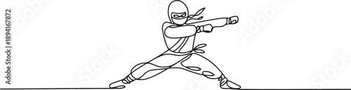One continuous line drawing of young brave Japanese ninja character on black costume with attacking position. Martial art fighting concept. one line Icon drawing