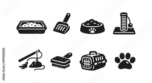Cat care essentials icons: litter, toys, grooming, carrier, scratcher, food bowl