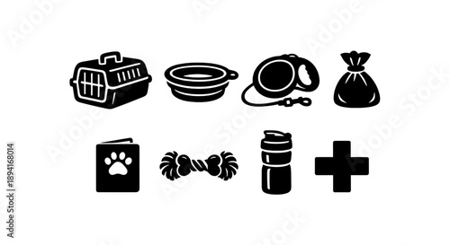 Set of pet care icons: carrier, bowl, leash, waste bag, passport, toy, bottle, first aid