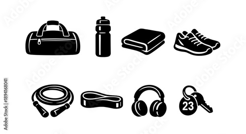 Gym equipment icons: duffle bag, water bottle, towel, sneakers, jump rope, resistance band, headphones, locker key