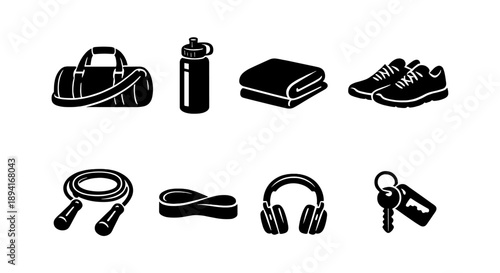 Fitness equipment icons: bag, water bottle, towel, shoes, jump rope, resistance band, headphones, keys