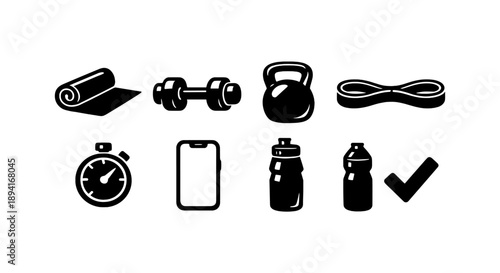 Fitness equipment icons: dumbbell, kettlebell, stopwatch, water bottle, yoga mat