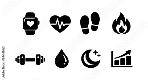 Fitness icons: smartwatch, heartbeat, steps, flame, dumbbell, droplet, moon, graph