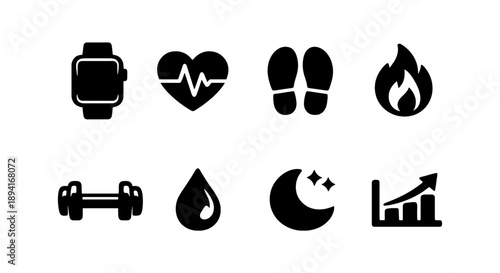 Fitness and health icons: smartwatch, heartbeat, steps, fire, weights, hydration, night, growth