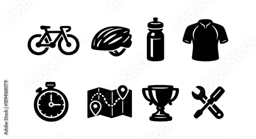 Cycling essentials icons: bike, helmet, water bottle, jersey, stopwatch, map, trophy, tools