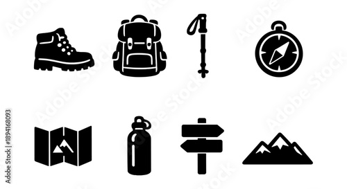 Hiking essentials: boots, backpack, trekking pole, compass, map, bottle, signpost, mountains