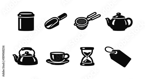 Black and white tea icons: teapot, cup, kettle, scoop, strainer, timer, tag