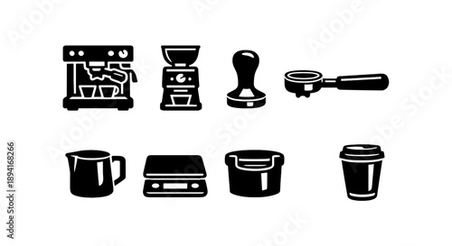 Coffee equipment icons set featuring espresso machine grinder tamper and more