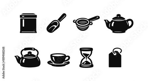 Black silhouette icons of tea utensils: teapot, kettle, cup, strainer, timer