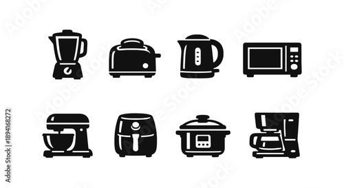 Collection of kitchen appliances: blender, toaster, kettle, microwave, mixer, air fryer, slow cooker, coffee maker