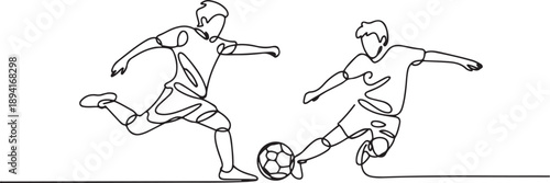 One continuous line drawing of two young energetic football player fighting for the ball at the game. Soccer match sports concept. one line Icon drawing
