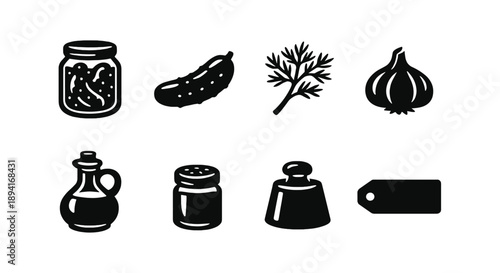 Set of food and kitchen icons: pickle, cucumber, dill, garlic, oil, salt, weight, price tag