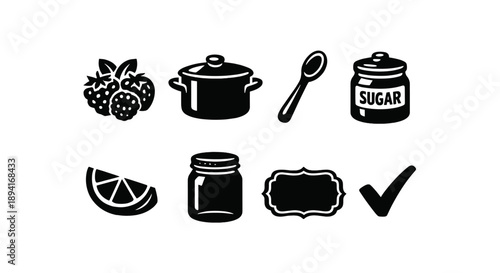Black and white kitchen icons: fruits, cooking pot, spoon, sugar, lemon, jar, label, checkmark