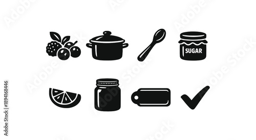 Black and white cooking icons: fruits, pot, spoon, sugar jar, lemon, jam jar, label, checkmark