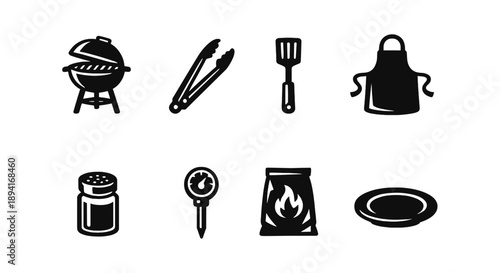Barbecue icons: grill, tongs, spatula, apron, salt, thermometer, charcoal, plate