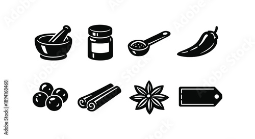 Set of eight black herb and spice icons on white background