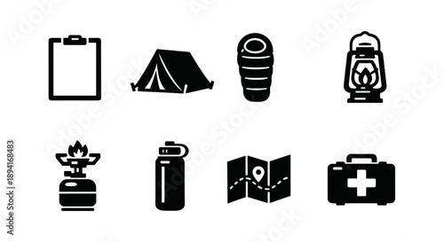 Camping essentials icons: tent, sleeping bag, lantern, first aid kit, map, water bottle, stove