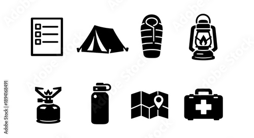 Camping essentials: checklist, tent, sleeping bag, lantern, stove, water bottle, map, first aid kit