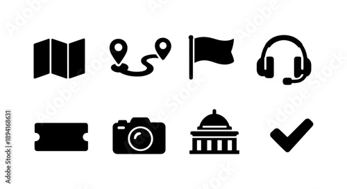 Travel and tourism icons: map, route, flag, headset, ticket, camera, monument, checkmark