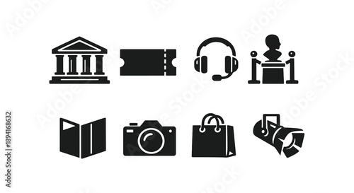 Icon set: museum, ticket, headphones, sculpture, brochure, camera, shopping bag, flashlight