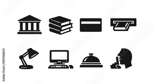 Icons set: bank, books, credit card, atm, lamp, computer, bell, quiet gesture