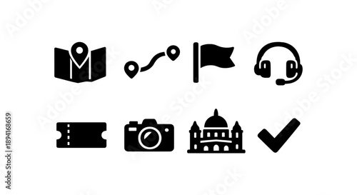 Travel icons set: map, route, flag, headset, ticket, camera, landmark, checkmark