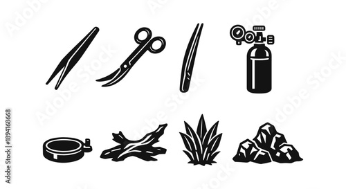 Aquascaping tools and elements: scissors, tweezers, co2 tank, driftwood, aquatic plants, stones