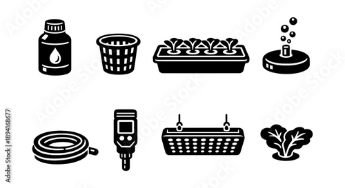 Hydroponics tools collection: nutrient bottle, net pot, growing tray, air stone, hose, meter, led light, lettuce