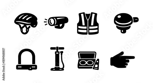 Bicycle safety equipment icons set: helmet, light, vest, bell, lock, pump, repair kit, indicator
