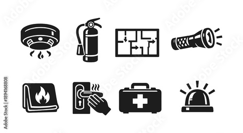 Essential safety equipment icons: smoke detector, fire extinguisher, flashlight, first aid kit