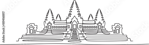 Single continuous line drawing Angkor Wat Temples landmark. Famous place in Siem Reap, Cambodia. World travel tour home art wall decor poster print. one line Icon drawing