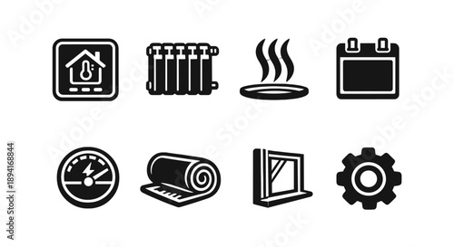 Smart home icons: thermostat, radiator, appliance, calendar, meter, insulation, window, gear