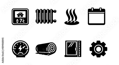 Home heating and energy efficiency icons: thermostat, radiator, insulation, solar, calendar