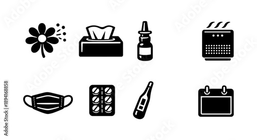 Allergy relief icons: flower, tissues, nasal spray, humidifier, mask, pills, thermometer, calendar