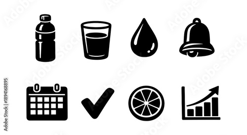 Black and white icons: bottle, glass, drop, bell, calendar, check, orange, chart